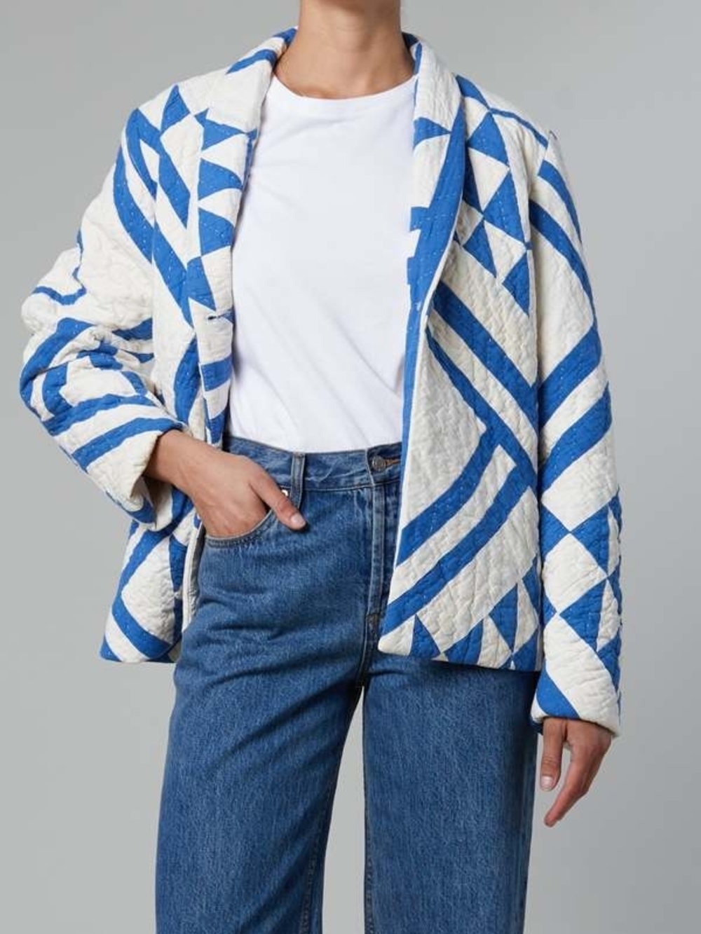 Still Here Quilted Blue & White Geometric Jacket